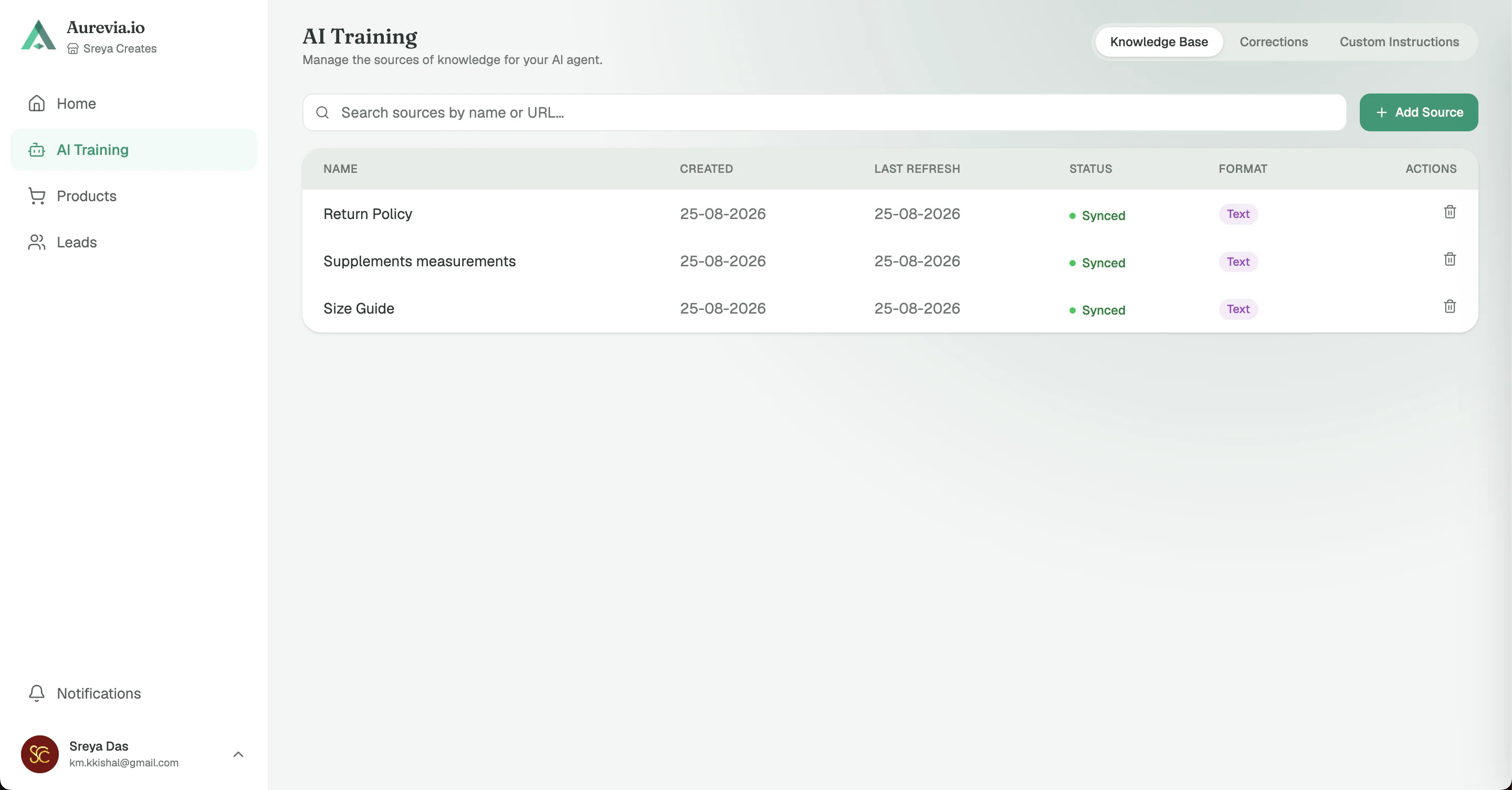 Aurevia dashboard: AI training and knowledge base