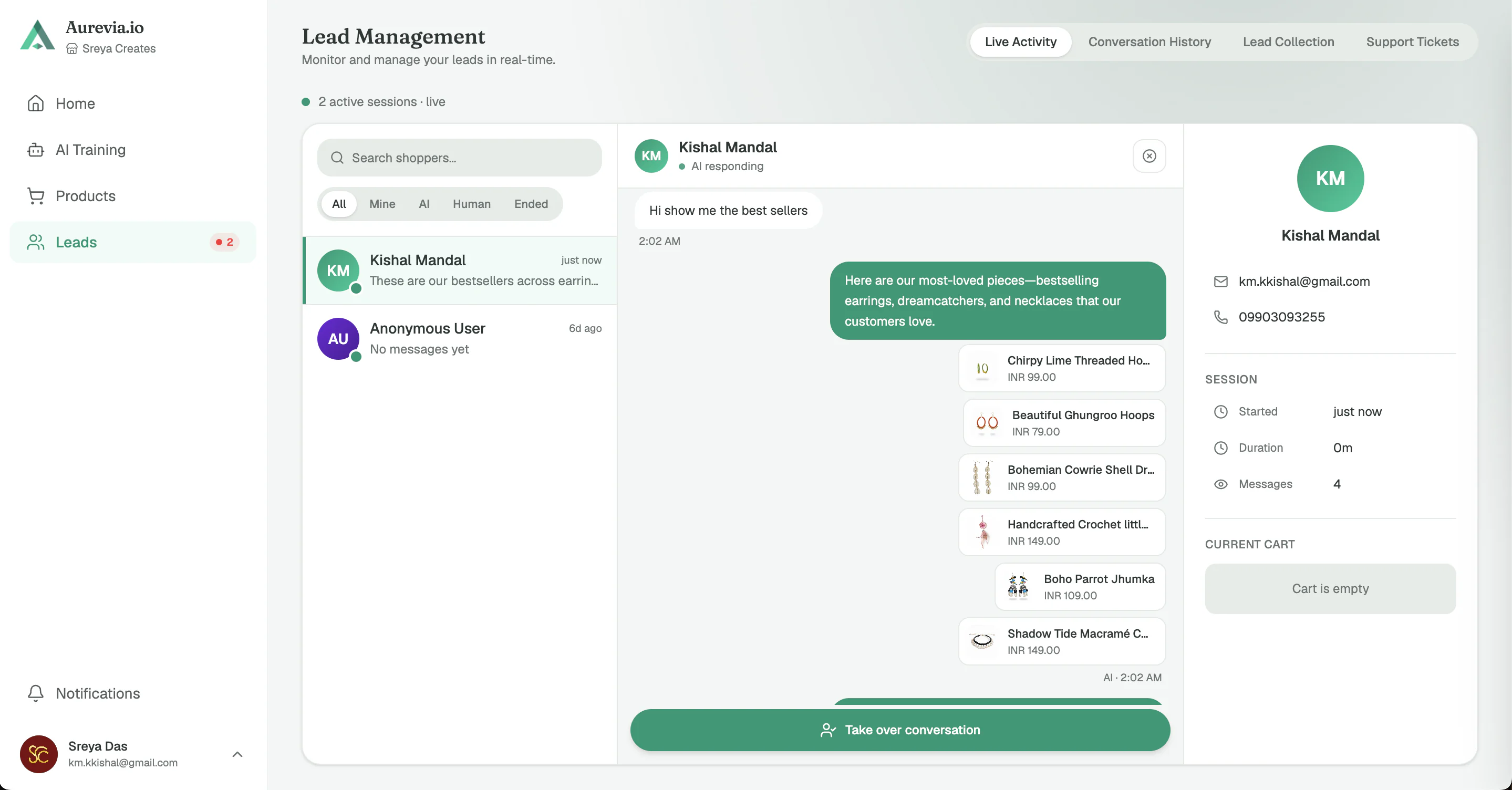 Aurevia dashboard: live conversations with human takeover