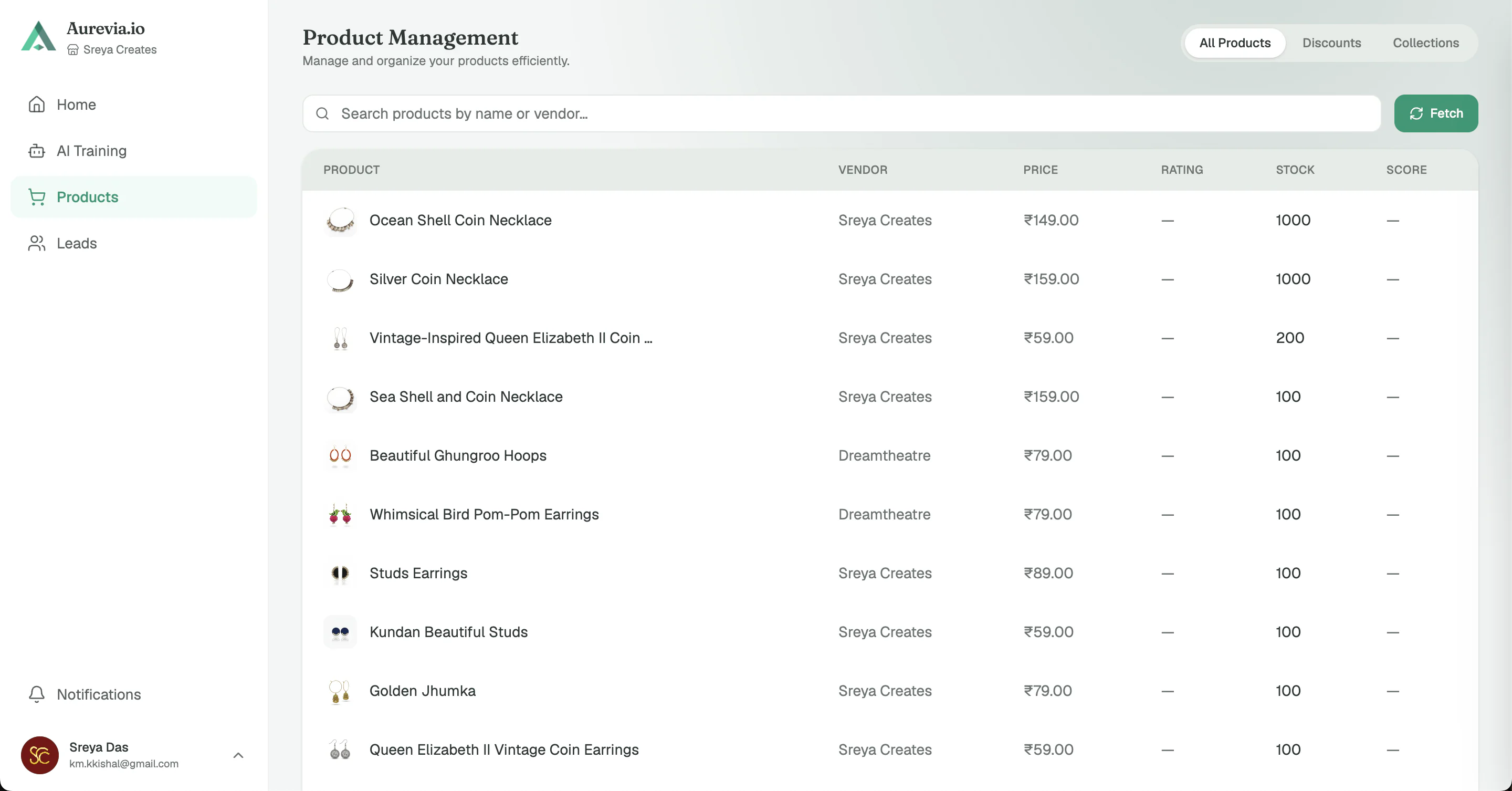 Aurevia dashboard: product catalogue and AI readiness