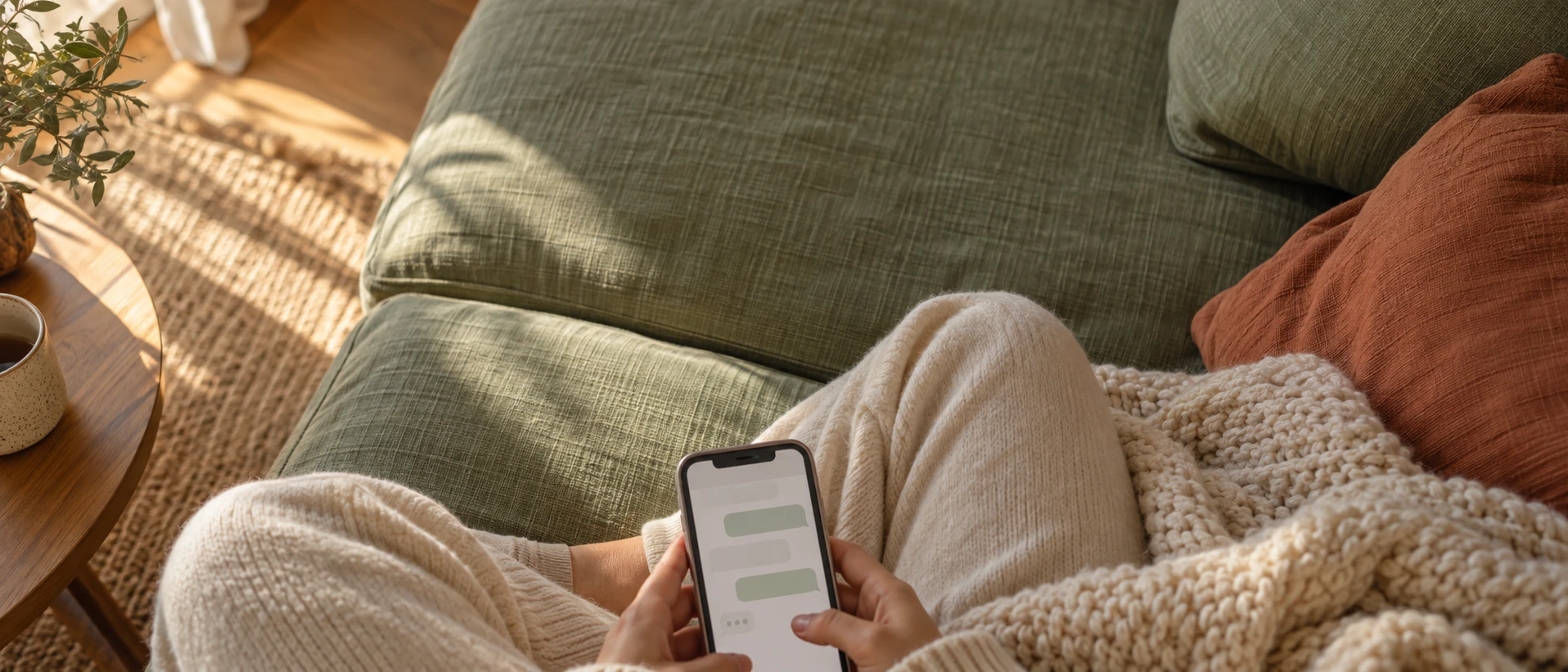 A shopper on the sofa, chatting with a store on their phone