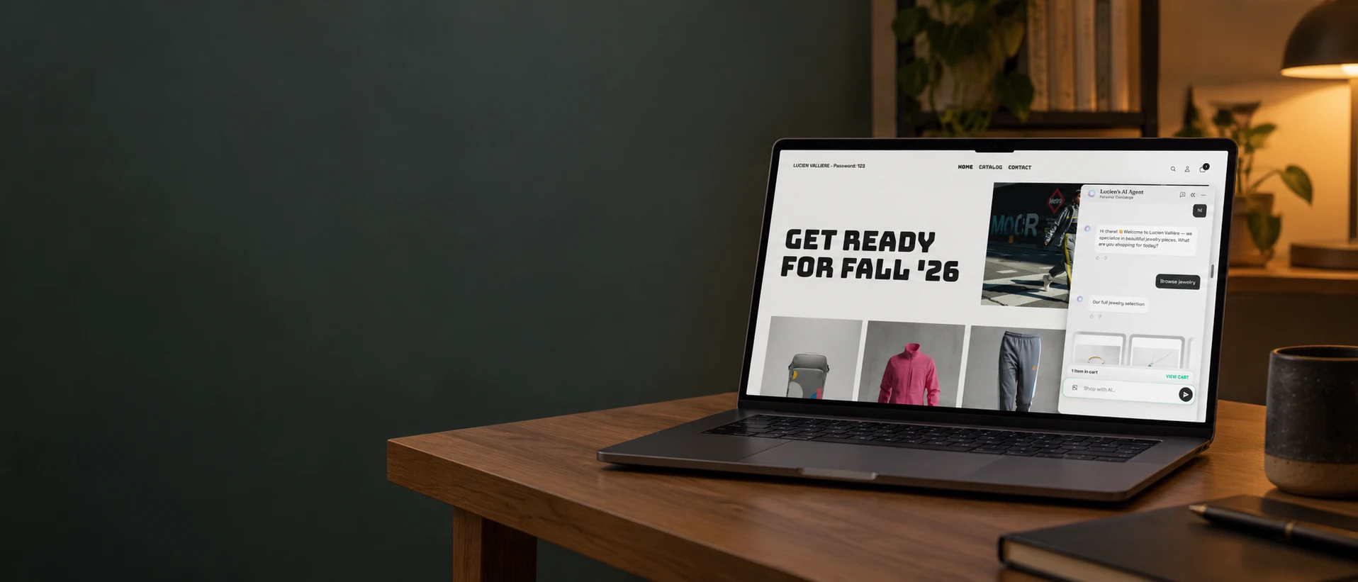 A laptop on a desk showing a store with the Aurevia chat open