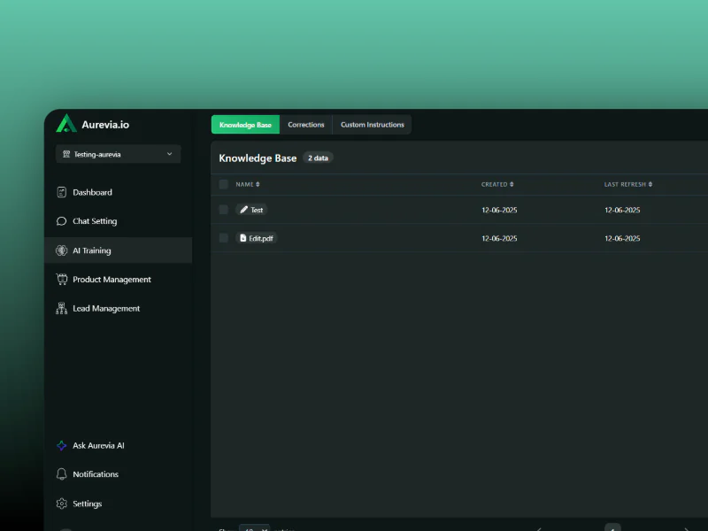Aurevia dashboard: AI training and knowledge base
