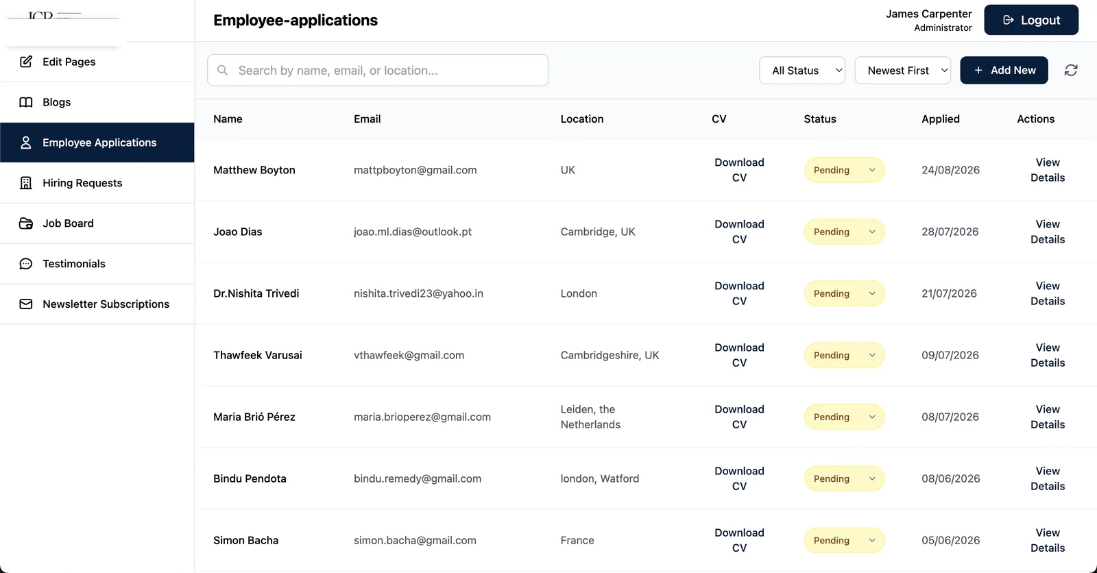 JCR Pharma admin: candidate applications with CV download and status