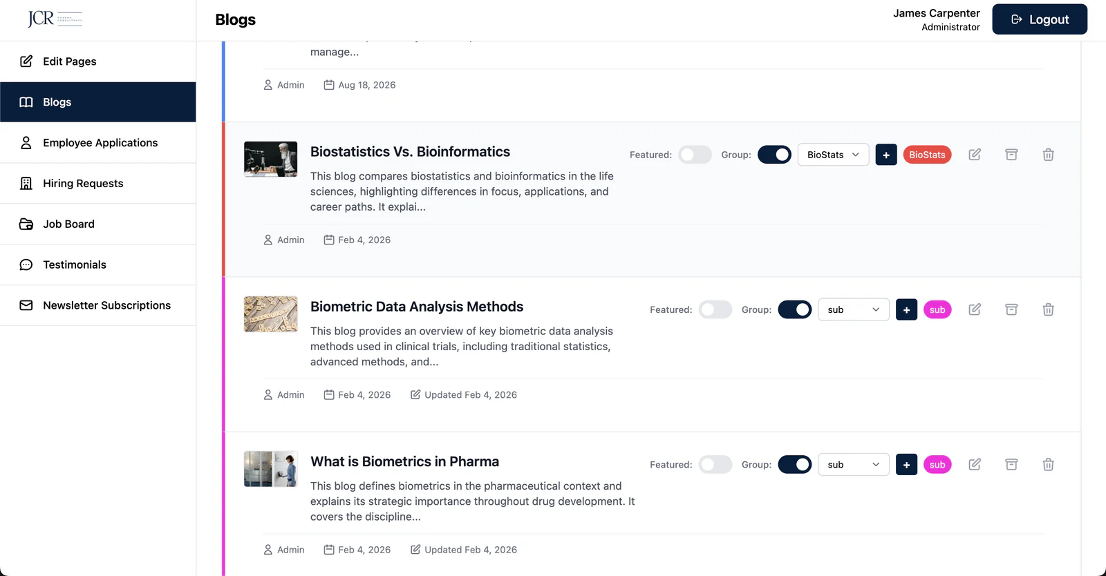 JCR Pharma admin: blog management with featured and group toggles